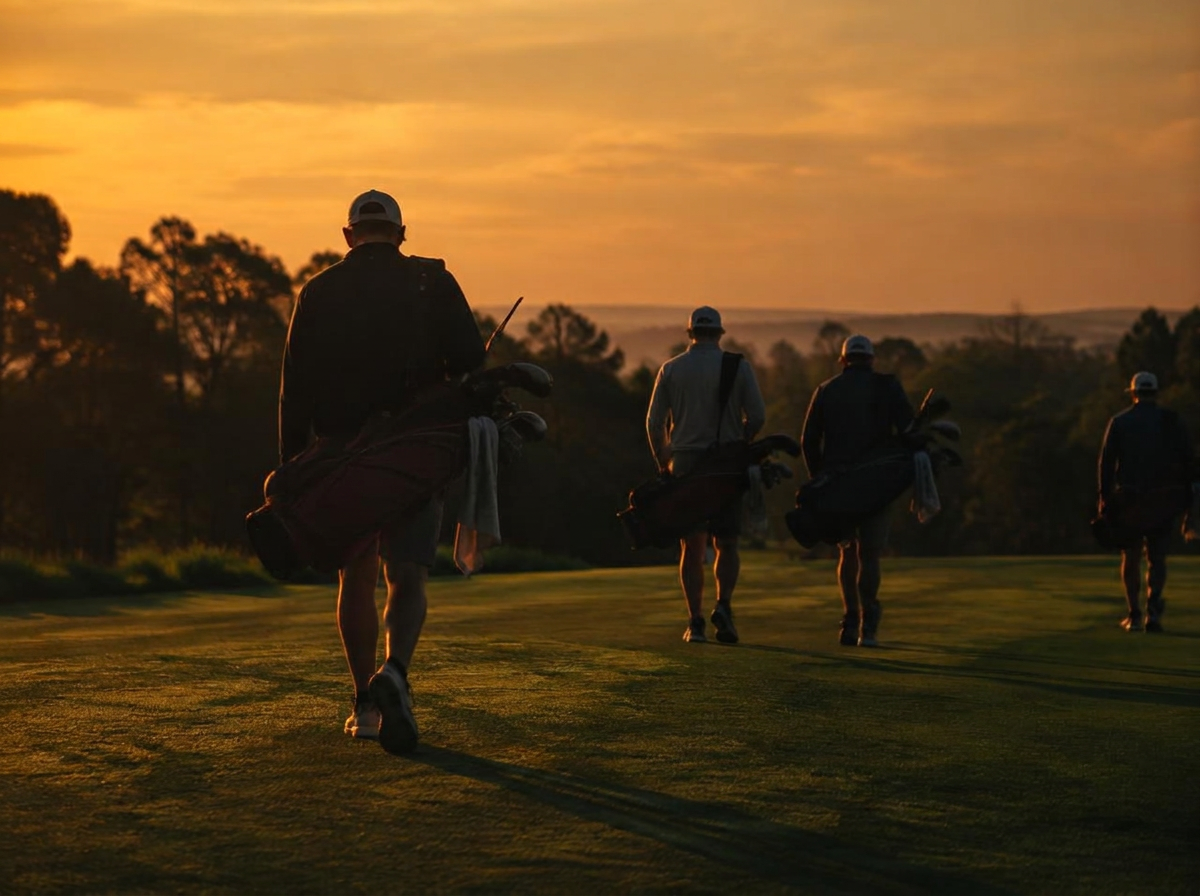 Amateur golfers walking down the fairway at golden hour