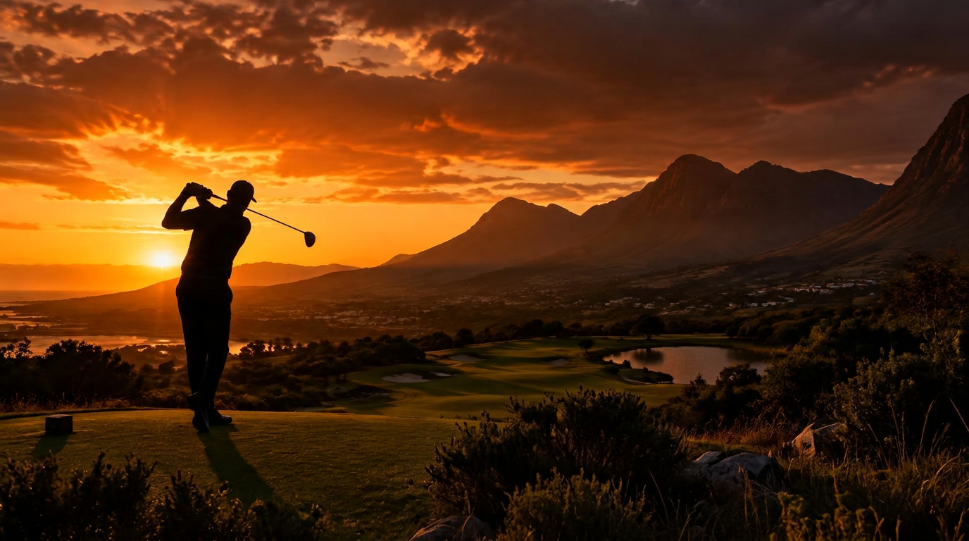 Golfer teeing off at sunset above a South African course